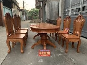 Bộ bàn ăn gỗ Gõ đỏ 6 ghế mặt ván 3cm
