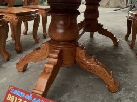 Chân bàn ăn gỗ Gõ đỏ 6 ghế mặt ván 3cm