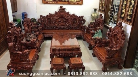 Bộ bàn ghế gỗ hương chạm Rồng Đỉnh 2m45 chân 12cm tay 14cm