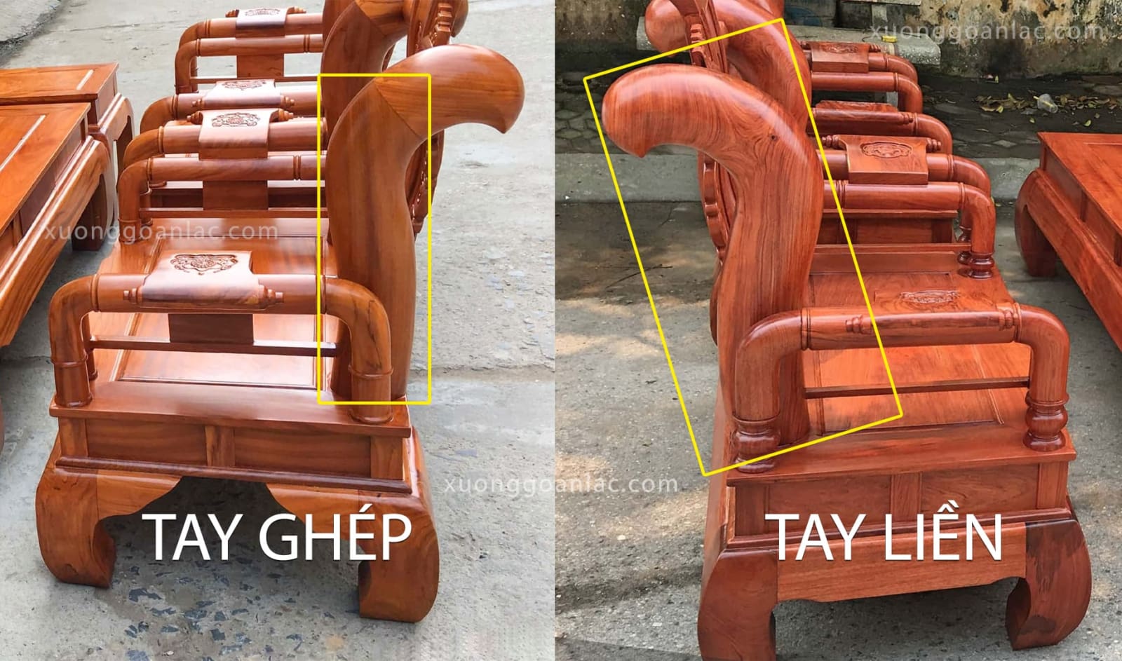 So sánh phần tay liền khối và tay chắp ghép trên mẫu ghế Tần Thủy Hoàng