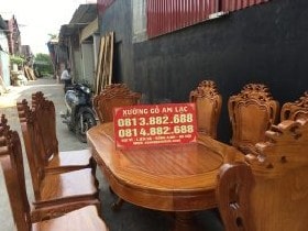 Bộ Bàn Ăn 8 Ghế Gỗ Gõ Đỏ Louis Hoa Hồng Mặt Tràn Bầu Dục - Chị Phượng, Lai Châu