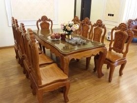 Bộ bàn ghế ăn mẫu Louis hoa hồng 10 ghế gỗ gõ đỏ - Chú Phong, Bắc Ninh