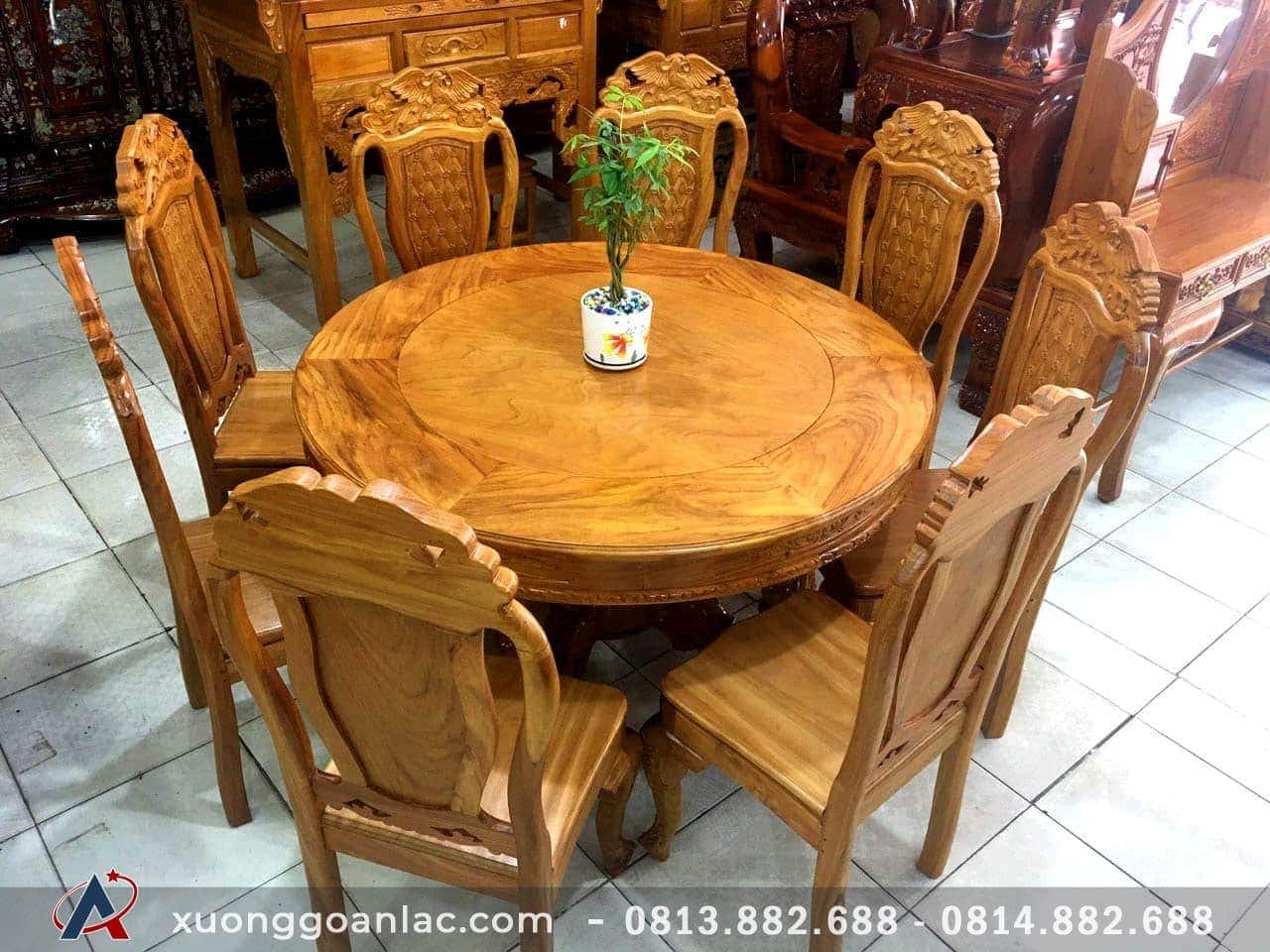 Bộ bàn ăn tròn xoay mặt kính 1m2, 6 ghế gỗ xoan đào BA224 | Nội Thất Hữu  Bằng