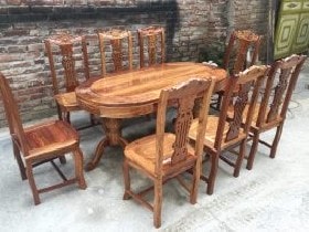 Bộ bàn ghế ăn gỗ hương vân 8 ghế phun bóng vân trần