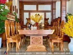 Bộ bàn ăn gỗ cẩm hồng nguyên khối 8 ghế hoa lá tây (Chị Huyền, TP Hải Phòng)