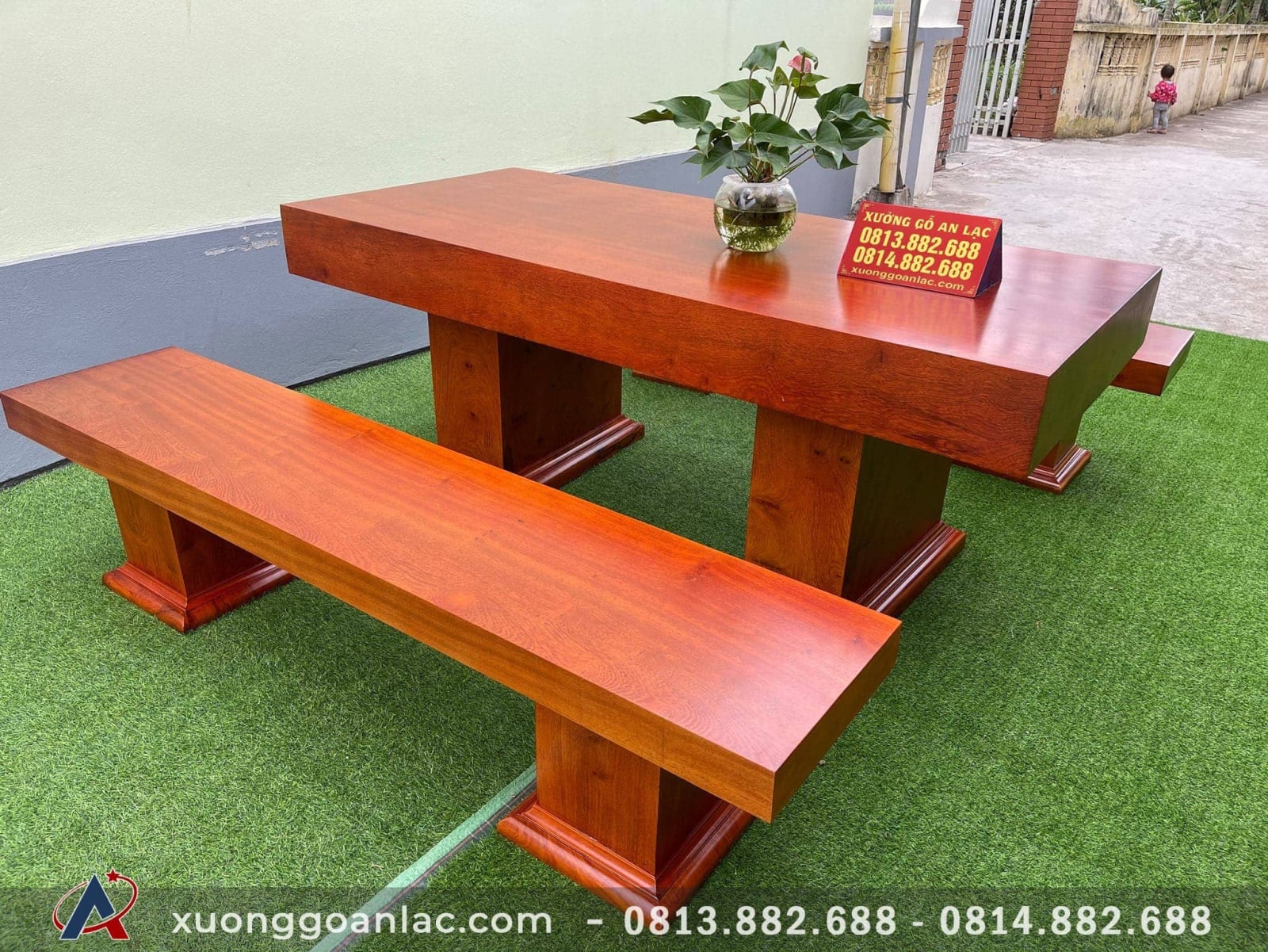 Bộ bàn ăn K3 nguyên khối siêu VIP gỗ gõ đỏ - Xưởng Gỗ An Lạc