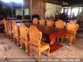 Bộ bàn ăn nguyên khối gỗ cẩm chỉ 10 ghế gõ đỏ mẫu louis siêu vip (Chú Sáng, Quảng Bình)