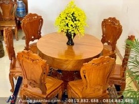 Bộ bàn ghế ăn gỗ gõ đỏ nguyên khối 6 ghế đục hoa lá tây (Anh Thiệp, Quảng Ngãi)