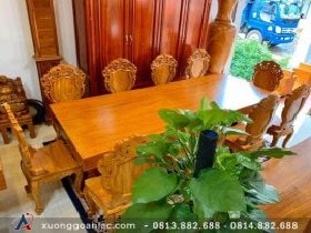 Bộ bàn ăn nguyên khối gỗ gõ đỏ 10 ghế đục hoa lá tây (Chú Giang, Ninh Bình)