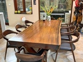 Bộ bàn ăn nguyên tấm 2m1x90cm gỗ me tây 8 ghế Kennedy nệm da