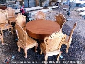 Bộ bàn ăn tròn gỗ gõ đỏ nguyên khối 6 ghế louis đục 1 mặt (Chị Hòa, Đà Nẵng)