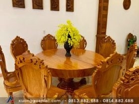 Bộ bàn ăn tròn nguyên khối 1m5x16cm gỗ gõ đỏ 8 ghế hoa lá tây (Anh Mạnh, Hà Nội)