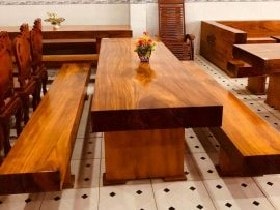 Bộ bàn ghế nguyên khối 3 tấm dài 2m4 gỗ hương Nam Phi (Anh Tòng, Lạng Sơn)