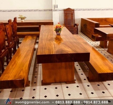 Bộ bàn ghế nguyên khối 3 tấm dài 2m4 gỗ hương Nam Phi (Anh Tòng, Lạng Sơn)