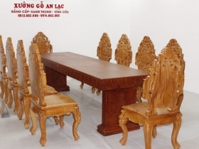 Bộ bàn ăn gỗ hương đá vs 10 ghế hoàng gia vip tựa cong