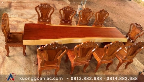Bộ bàn ăn nguyên tấm 10 ghế louis gỗ gõ đỏ