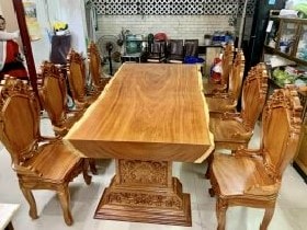 Bộ bàn ăn nguyên tấm gỗ cẩm hồng 8 ghế