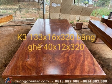 Bộ bàn ghế K3 gỗ cẩm hồng nguyên khối 320x133x16cm (Anh Hòa, Đồng Nai)