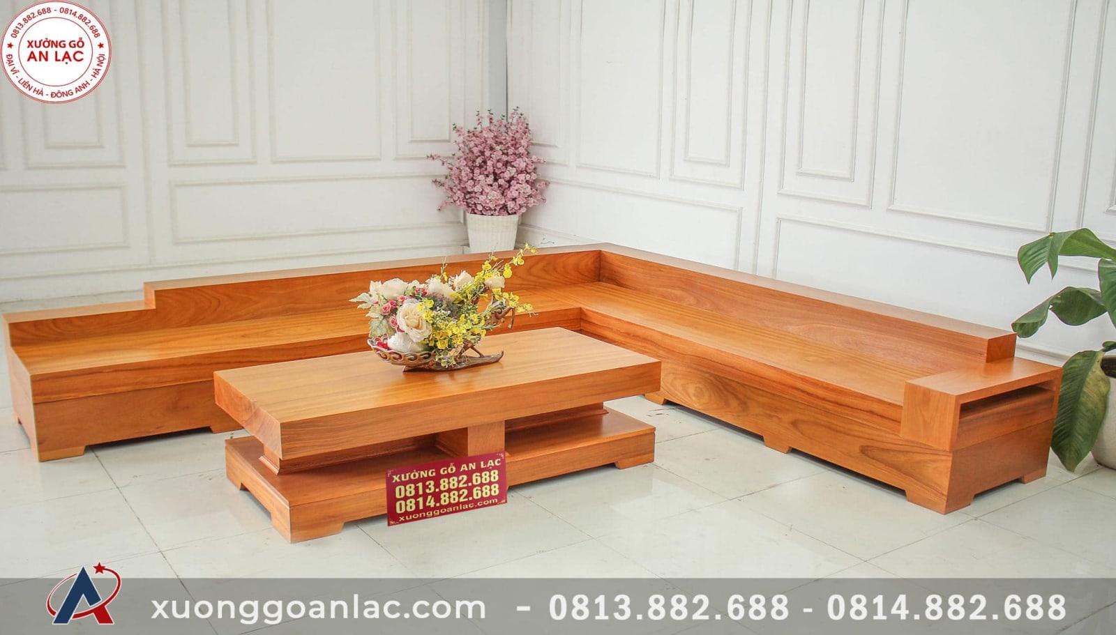 Với chất liệu gỗ gõ đỏ nguyên khối, bộ sofa chữ L này là một lựa chọn tuyệt vời cho một phòng khách đẳng cấp vào năm
