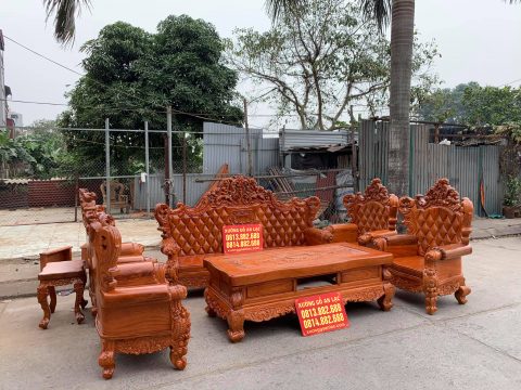 Bộ bàn ghế Louis Hoàng Gia nguyên khối vách trám 8 món gỗ gõ (Anh Việt, Hải Phòng)