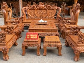Bộ bàn ghế Minh quốc nghê gỗ hương đá 10 món tay cột 14