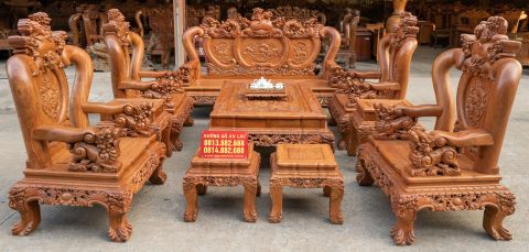 Bộ bàn ghế Minh quốc nghê gỗ hương đá 10 món tay cột 14