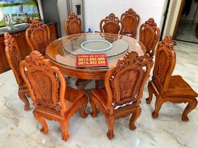 Bộ bàn 9 ghế ăn Luois Hoa Hồng gỗ hương đá mặt tràn 4cm
