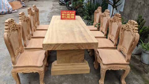 Bộ bàn ăn nguyên khối gỗ gõ đỏ 8 ghế louis hoàng gia mặt tràn