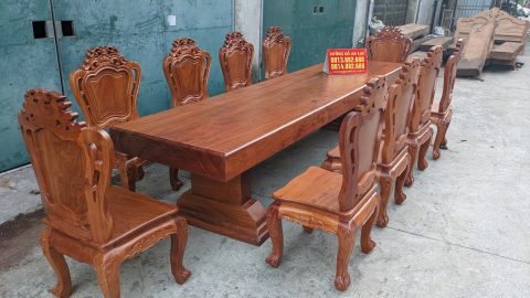 Bộ bàn ăn nguyên khối gỗ hương đá 10 ghế louis hoàng gia mặt tràn