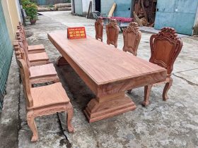 Bộ bàn ăn nguyên khối gỗ hương đá 8 ghế louis hoàng gia