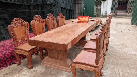 Bộ bàn ăn nguyên khối gỗ hương đá 8 ghế mặt tràn siêu vip
