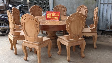 Bộ bàn ăn tròn nguyên khối gỗ gõ đỏ 8 ghế hàng siêu vân