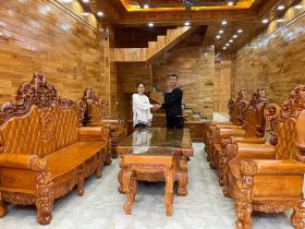 Bộ bàn ghế Louis Hoàng Gia nguyên khối gỗ gõ đỏ 10 món