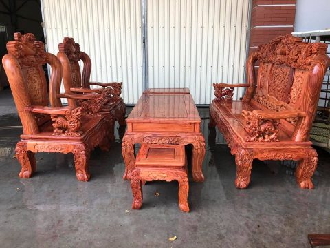 Bộ bàn ghế Minh quốc nghê đỉnh rồng tay cột 12 gỗ hương đá