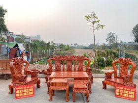 Bộ bàn ghế Minh quốc voi chiến tay cột 12 gỗ hương đá