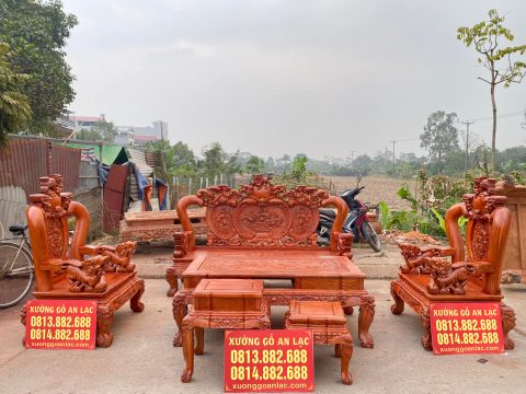 Bộ bàn ghế Phượng hóa Nghê 3 đầu tay cột 12 gỗ hương đá