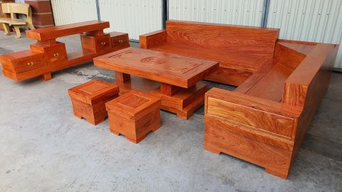 Bộ bàn ghế sofa góc nguyên khối gỗ hương đá