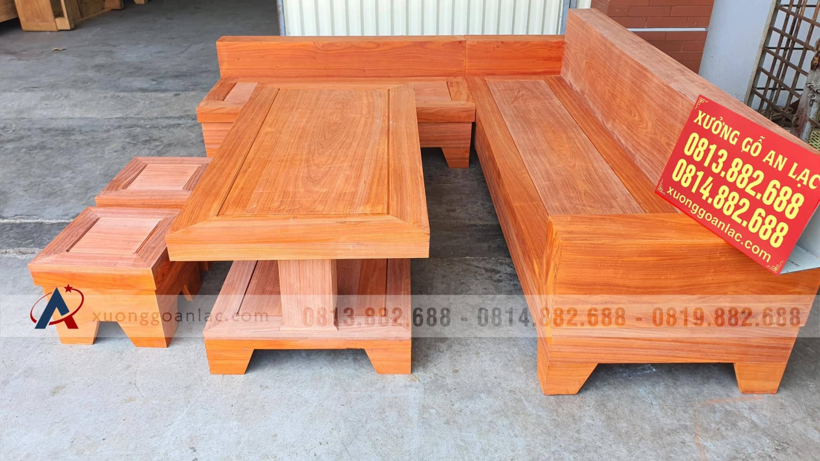 Sofa góc chữ L giả nguyên khối gỗ hương đỏ