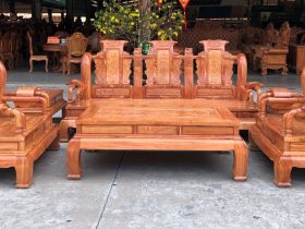 Bàn ghế Tần Thủy Hoàng 6 món cột 12 gỗ hương đá