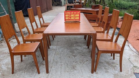 Bộ bàn ăn chân cao bo tròn góc gỗ gõ đỏ 8 ghế trơn hiện đại