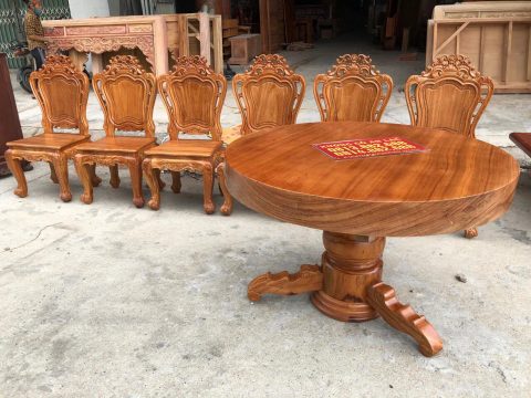 bàn ăn tròn nguyên khối gỗ gõ đỏ