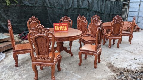bàn ghế ăn mẫu louis hoa hồng gỗ gõ đỏ