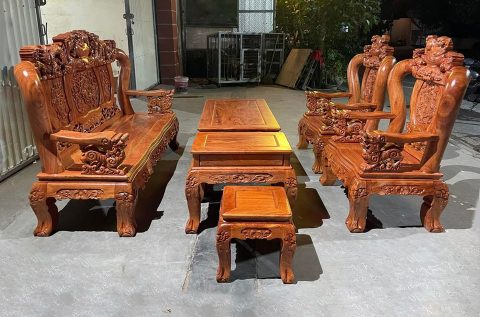Bộ bàn ghế Minh Quốc Nghê đỉnh rồng gỗ hương đá