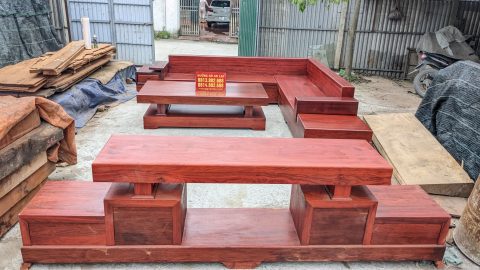 Combo sofa góc L nguyên khối và kệ tivi nguyên khối gỗ hương đỏ