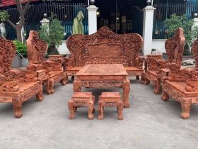 Bộ bàn ghế Cửu Long Bát Mã 12 món gỗ hương Lào đục 2 mặt siêu VIP