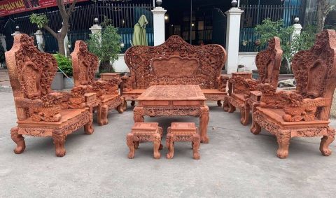 Bộ bàn ghế Cửu Long Bát Mã 12 món gỗ hương Lào đục 2 mặt siêu VIP