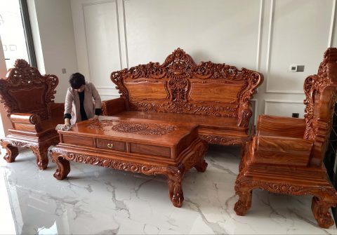 bộ bàn ghế hoàng gia vách trơn 6 món gỗ hương đá