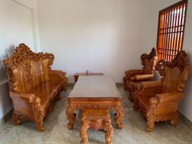 bộ bàn ghế hoàng gia nguyên khối 2m8 gỗ gõ đỏ