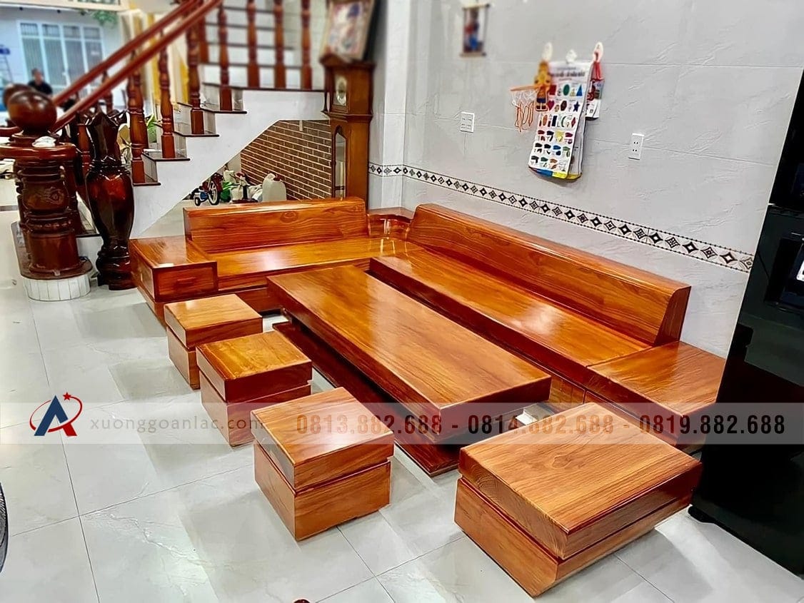 sofa góc L nguyên khối gỗ gõ đỏ