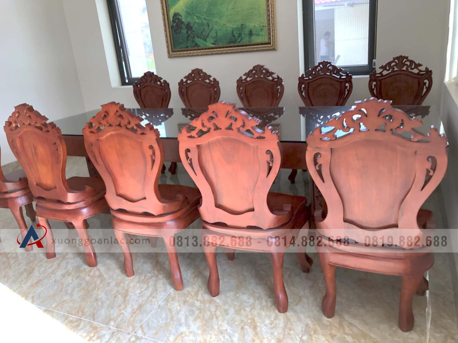 Bộ bàn 10 ghế gỗ nguyên tấm gỗ gõ đỏ cao cấp